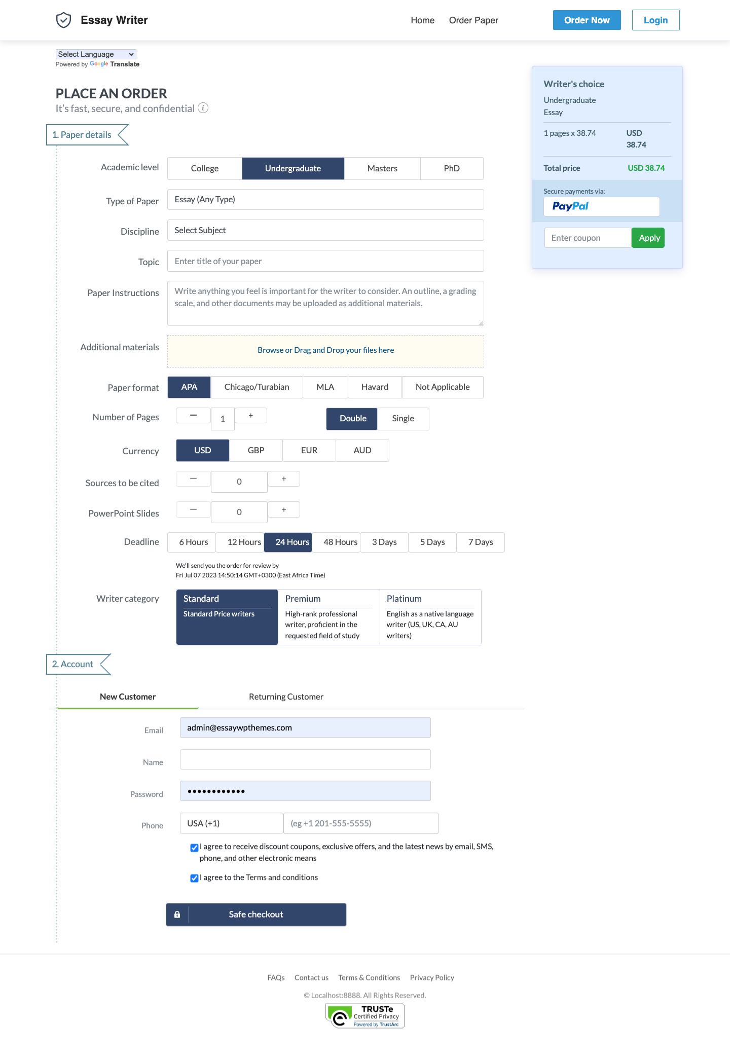 Academic Writing Script screenshot: Order page