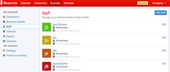 Manage staff, the services they provide, and set their Reservio access levels