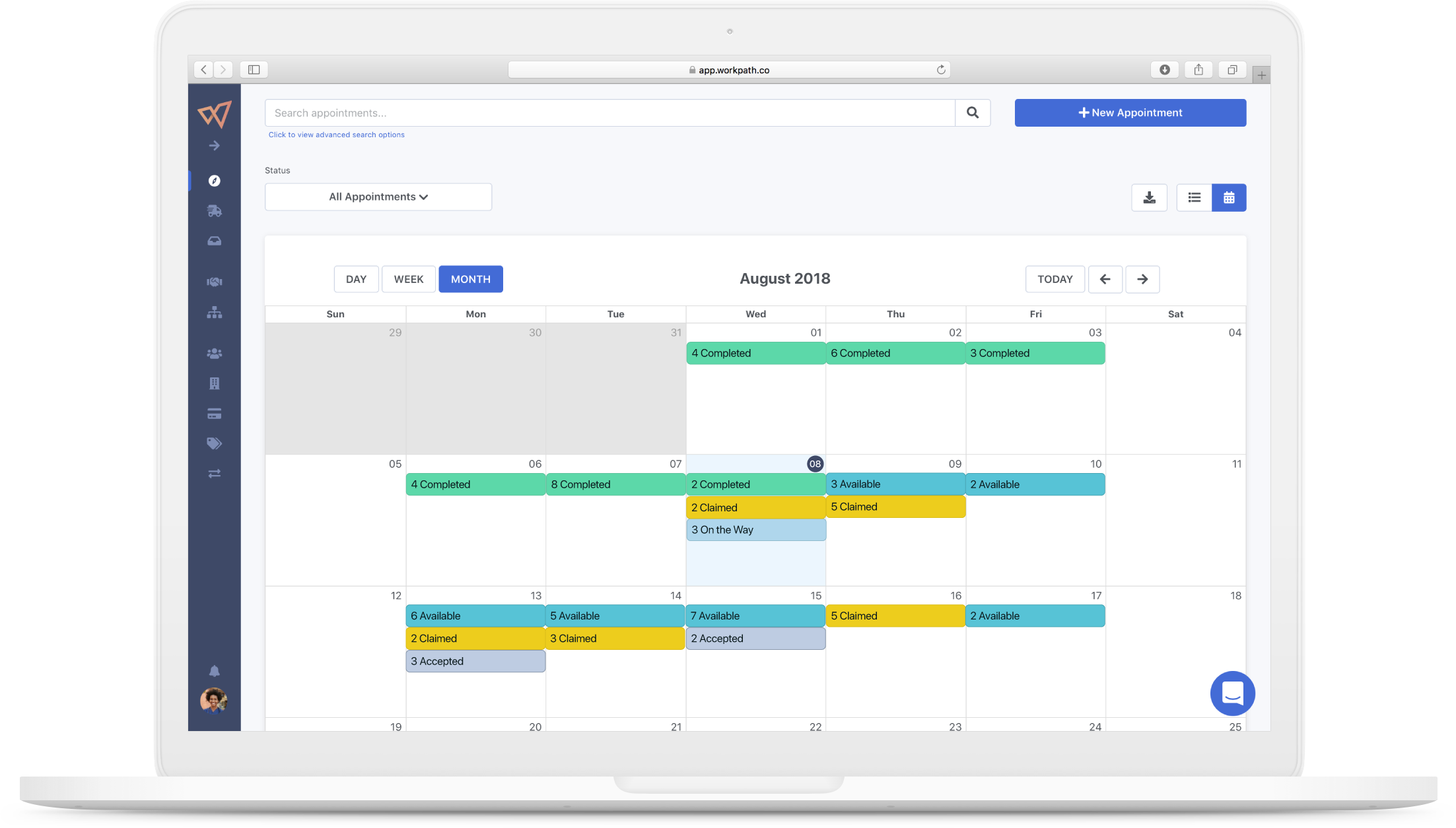 The calendar view within Workpath's appointments screen shows scheduled daily, weekly and monthly appointments with color coded status indicators