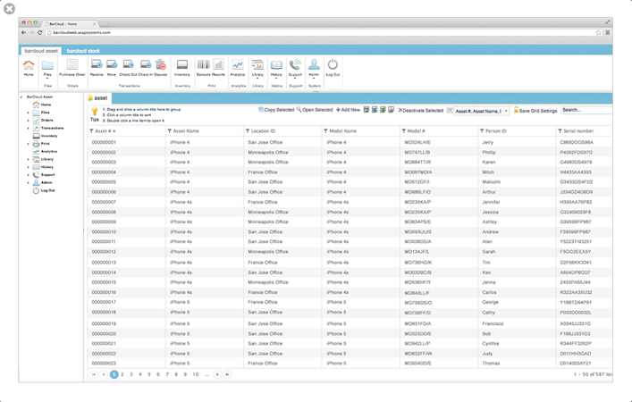 ASAP Systems screenshot: BarCloud enables users to track devices, their location, and who they are assigned to