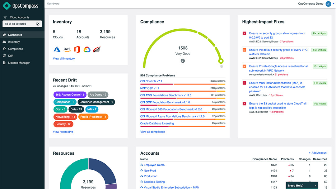 Track security and compliance with a single Cloud Score. Automatically manage configuration drift by category and priority. Instantly view a snapshot of key cloud inventory data points.