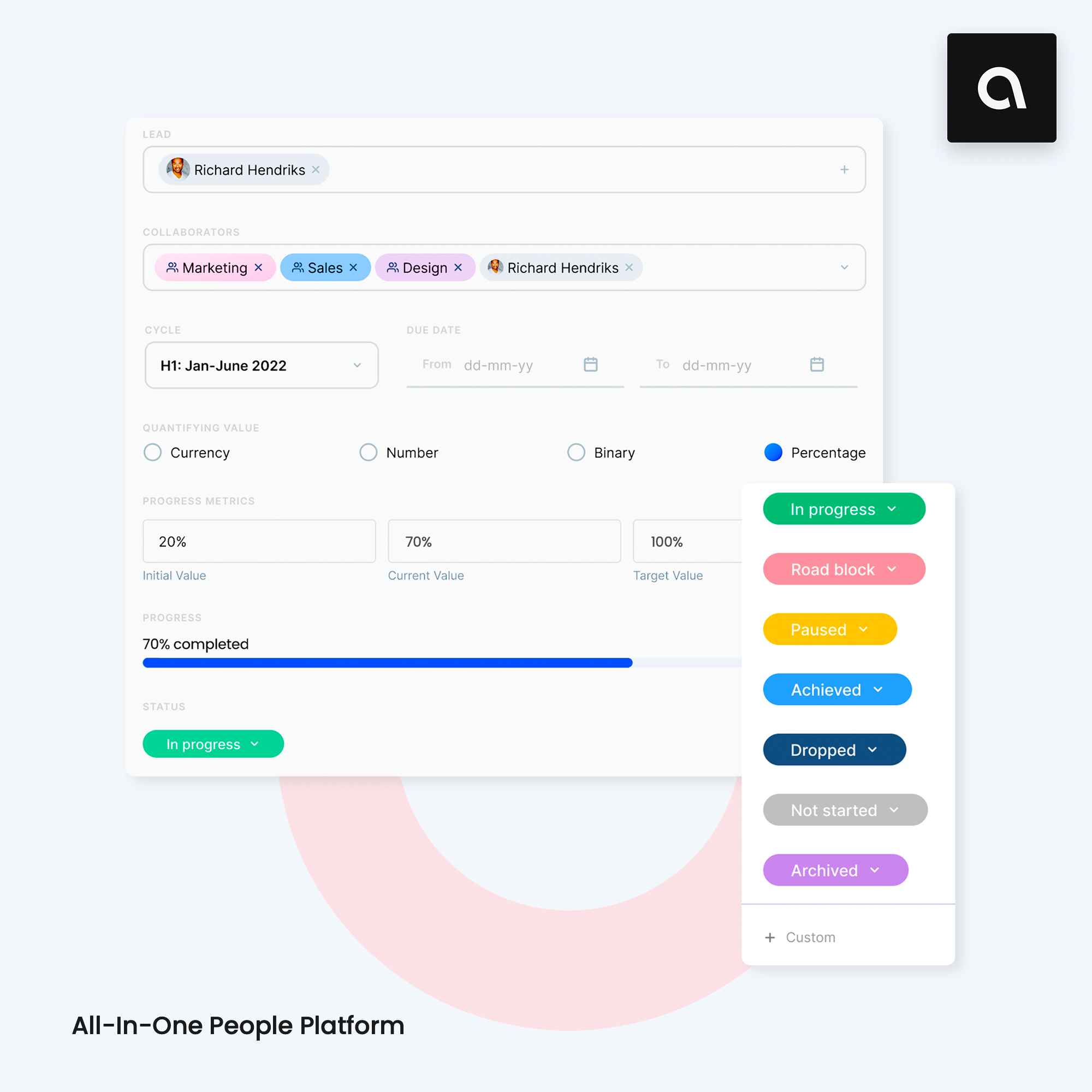 Set company or individual goals with Alexis. Goals will enable your entire company working in the same direction. Continuously follow up and keep track of the progress in an inspiring and easy interface.