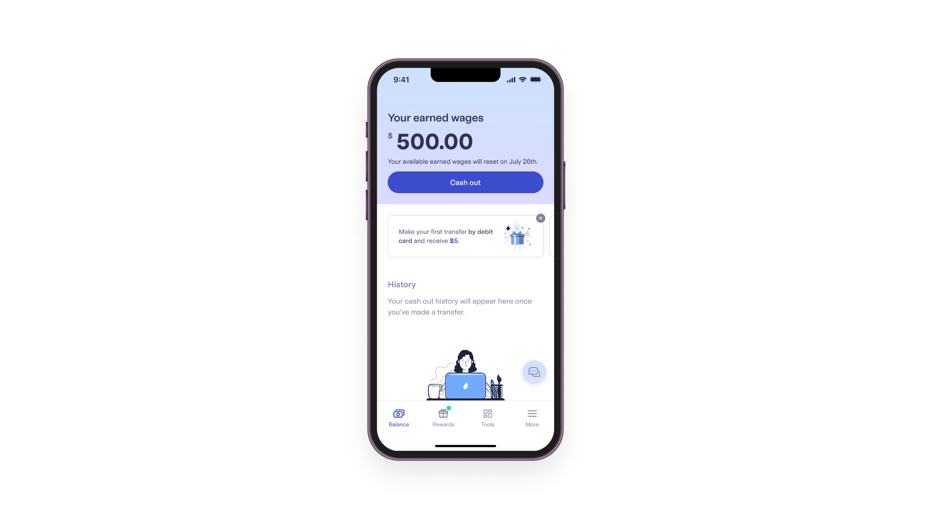 Rain screenshot: Through the Rain Mobile App, employees can access up to half of their earned wages on demand anytime, anywhere. Rain users can also access a suite of financial wellness tools.
