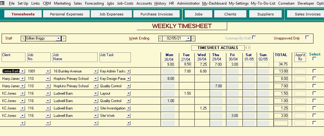 Amber-JCS screenshot: Weekly Timesheet