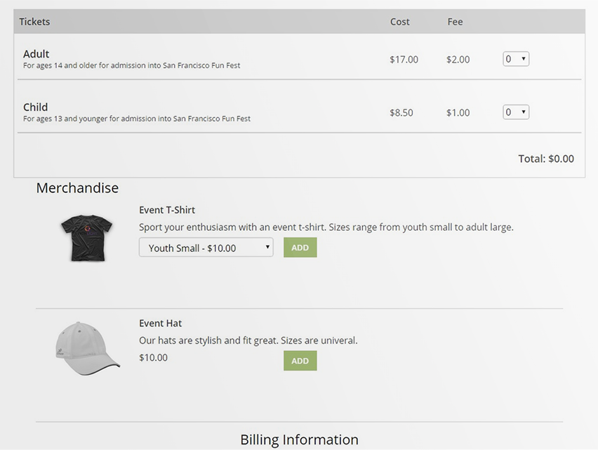Users can sell merchandise alongside their event tickets with TicketSpice