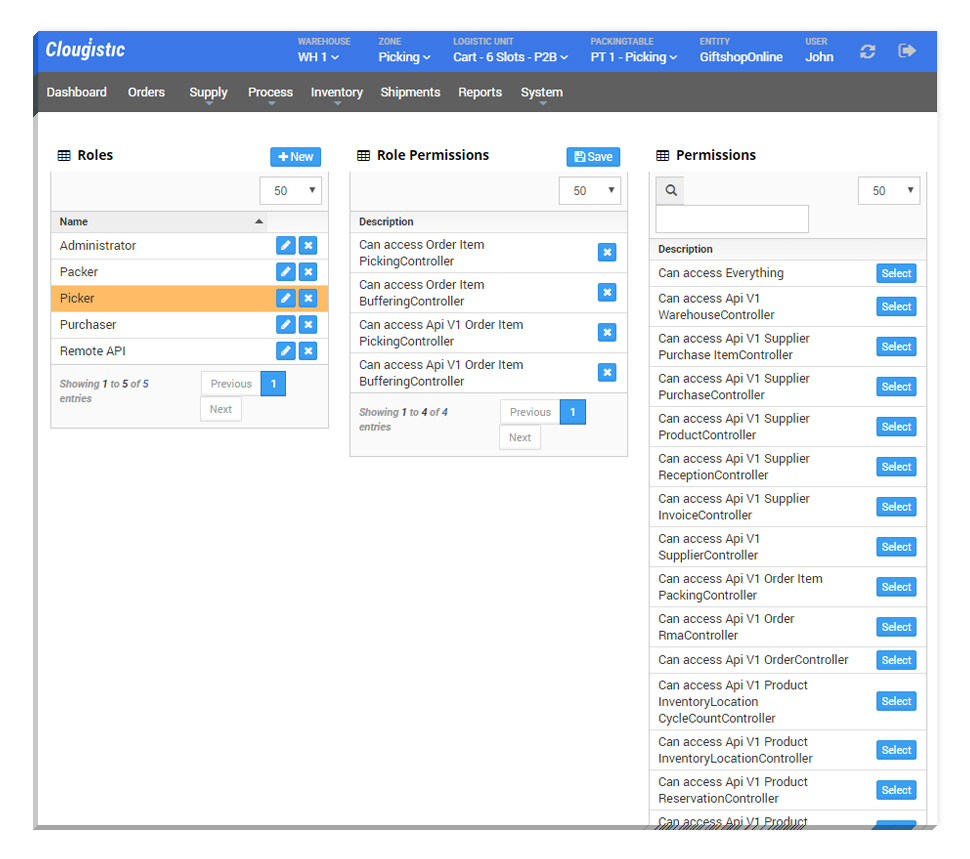 Clougistic Software - System settings include the ability to define employee user roles and permissions