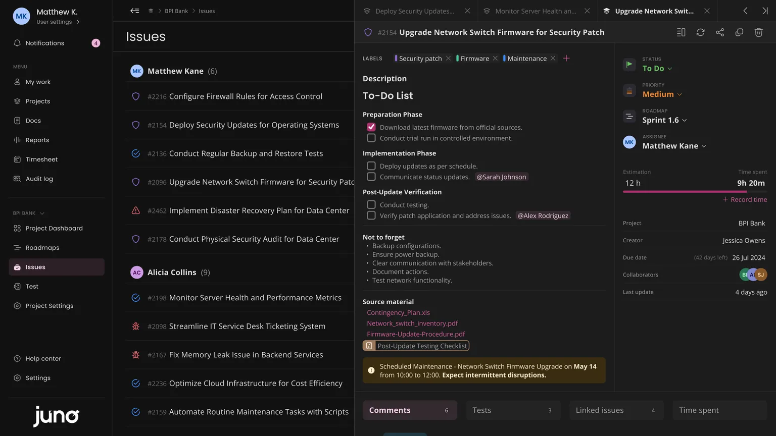 Juno.one screenshot: JunoOne issues
