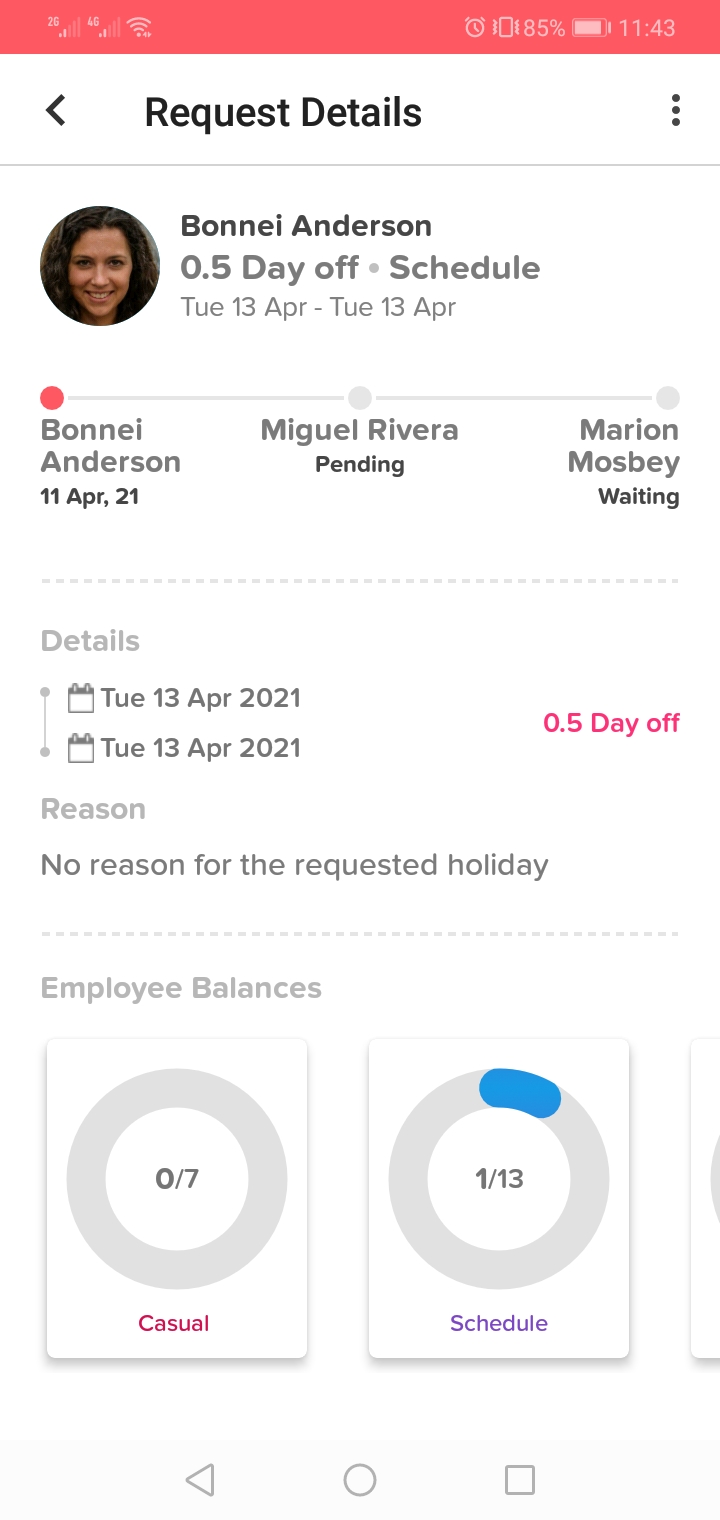 Leave request details and employee's balance details