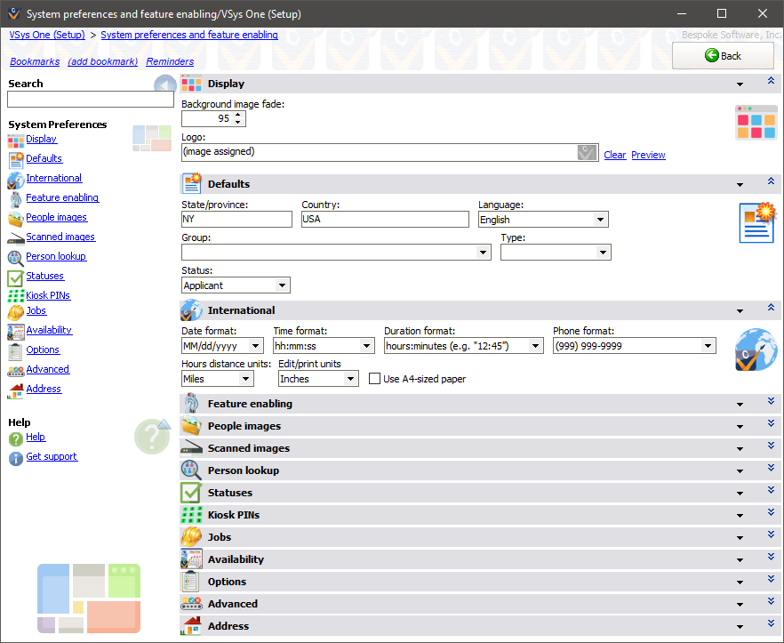 VSys One Software - VSys One system preferences