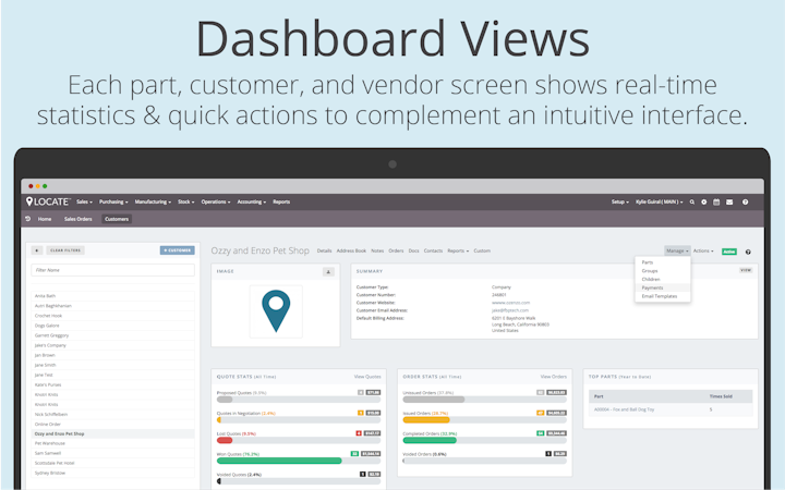 LOCATE screenshot: View customer information, quote stats, order stats and top parts at-a-glance