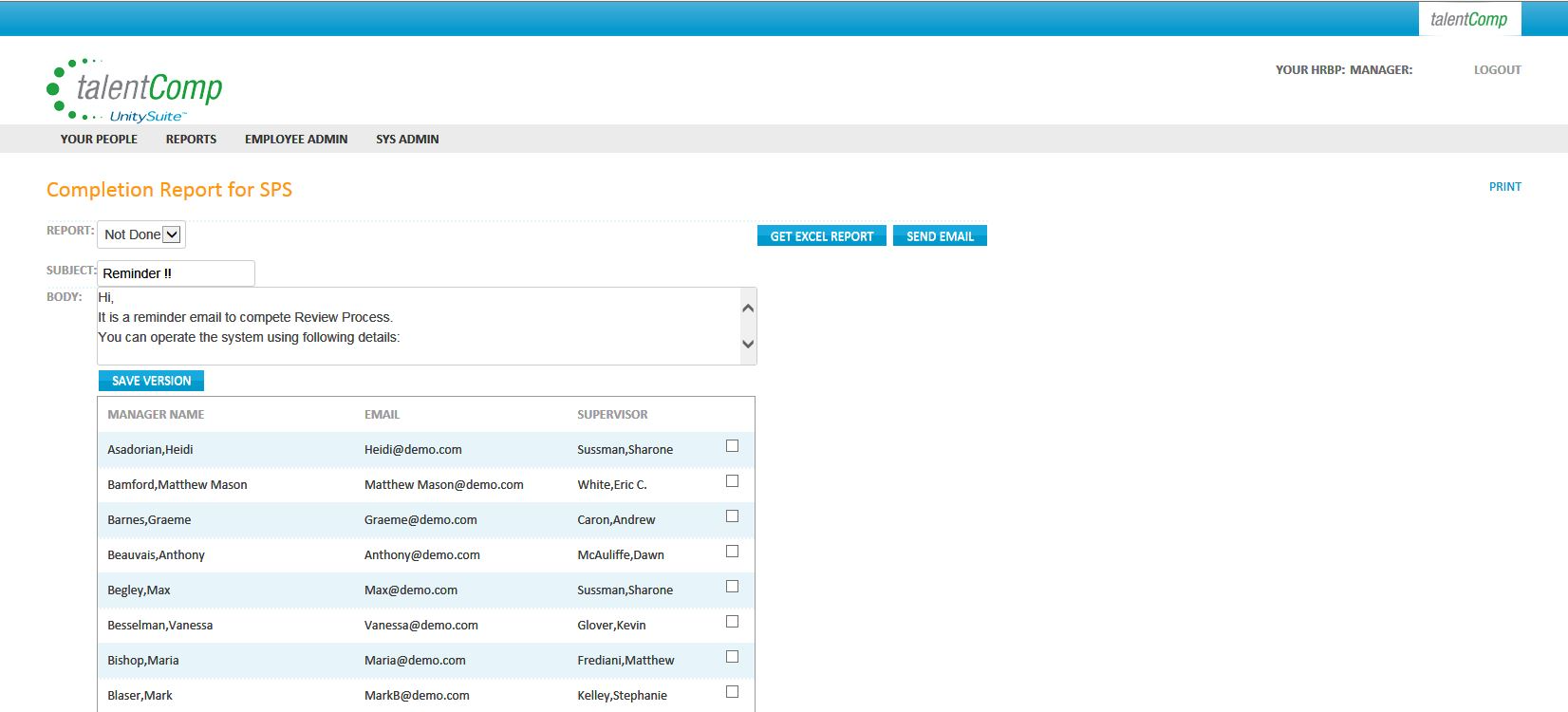 TalentComp Software - Admin Completion Report & Reminder Email Config