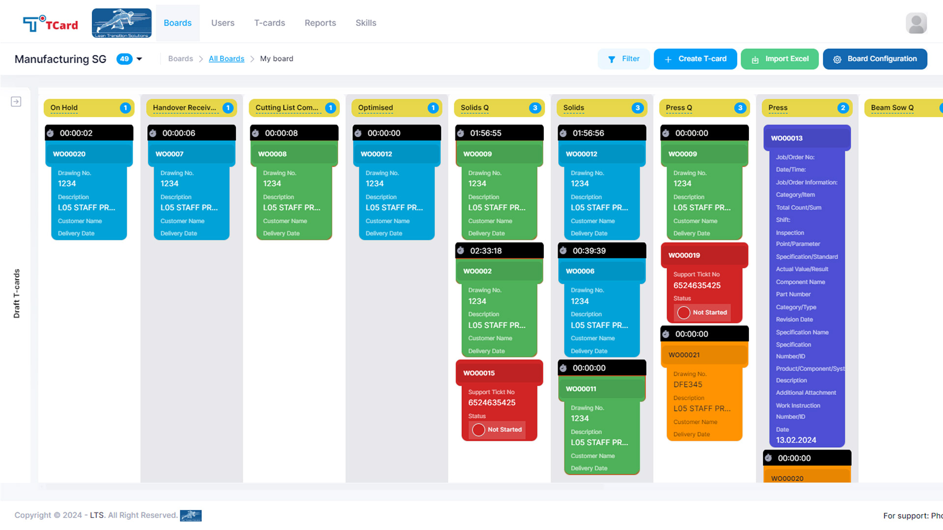 T-Card screenshot: Manage your projects and track task progress on Kanban boards. Kanban boards organise the process stages into columns and rows, giving a clear overview of each stage's progress allowing your teams to stay on track.
