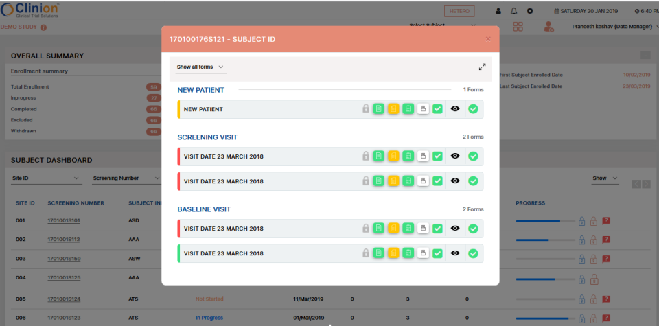 Clinion screenshot: Clinion EDC visits