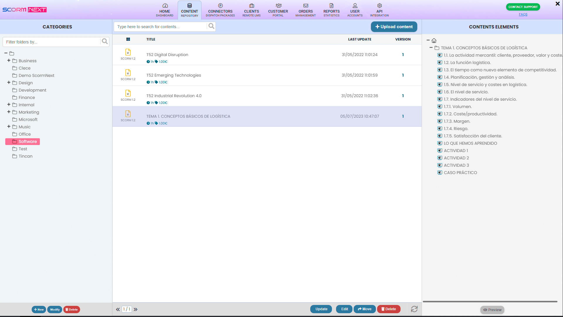 scormPROXY screenshot: Repository of contents on the cloud: here you can upload SCORM packages, MP4 videos and PDF documents. You can organize your contents using folders, preview your contents and much more.