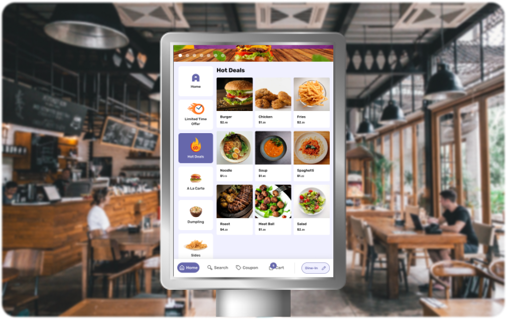 Experience effortless ordering with our self-order kiosk system. Find favorite food options, eliminate waiting time, and take your food on the go.