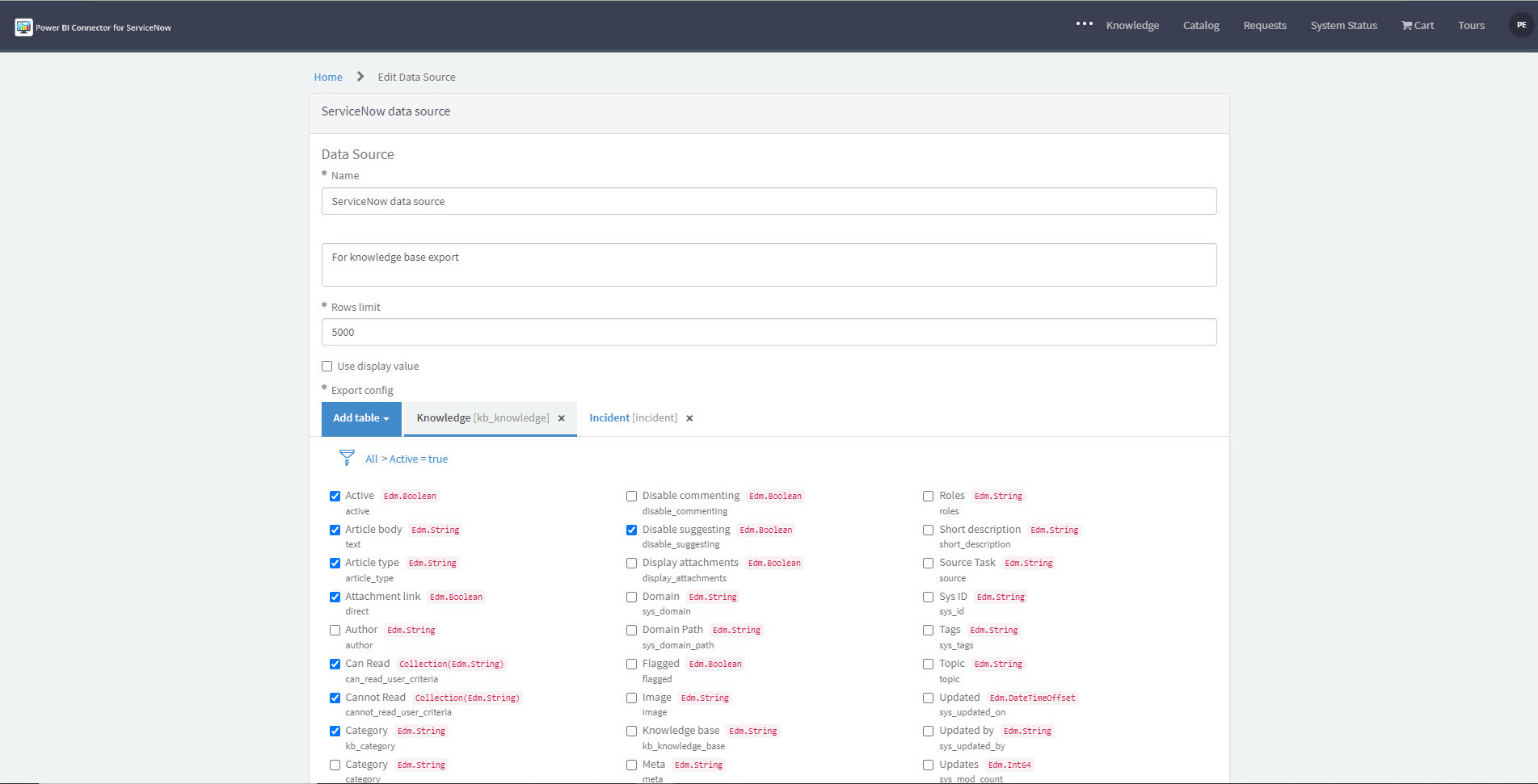 Create a data source to export data from ServiceNow to Power BI