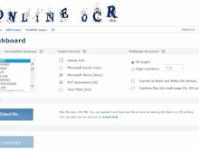 OnlineOCR.net Software - Dashboard feature to select input and output file types