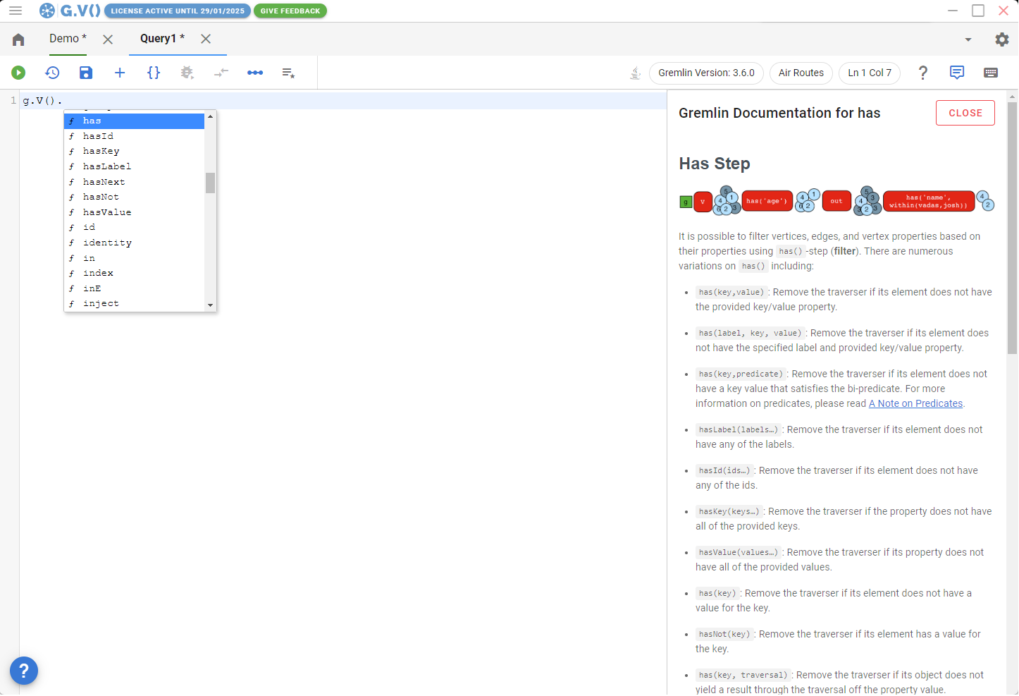 G.V() screenshot: Smart Auto Complete Example with Embedded Documentation using G.V() - Gremlin IDE