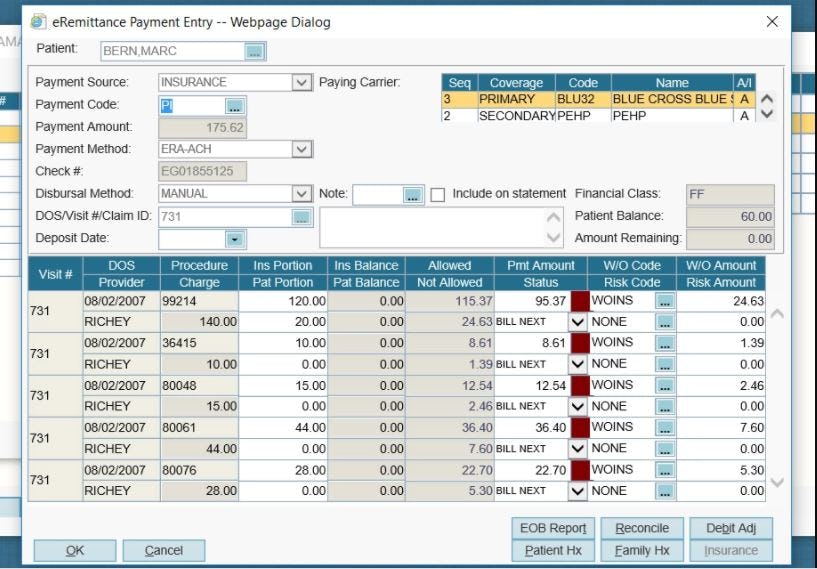 AdvancedMD Billing Services Software - AdvancedBilling eRemittance payment entry