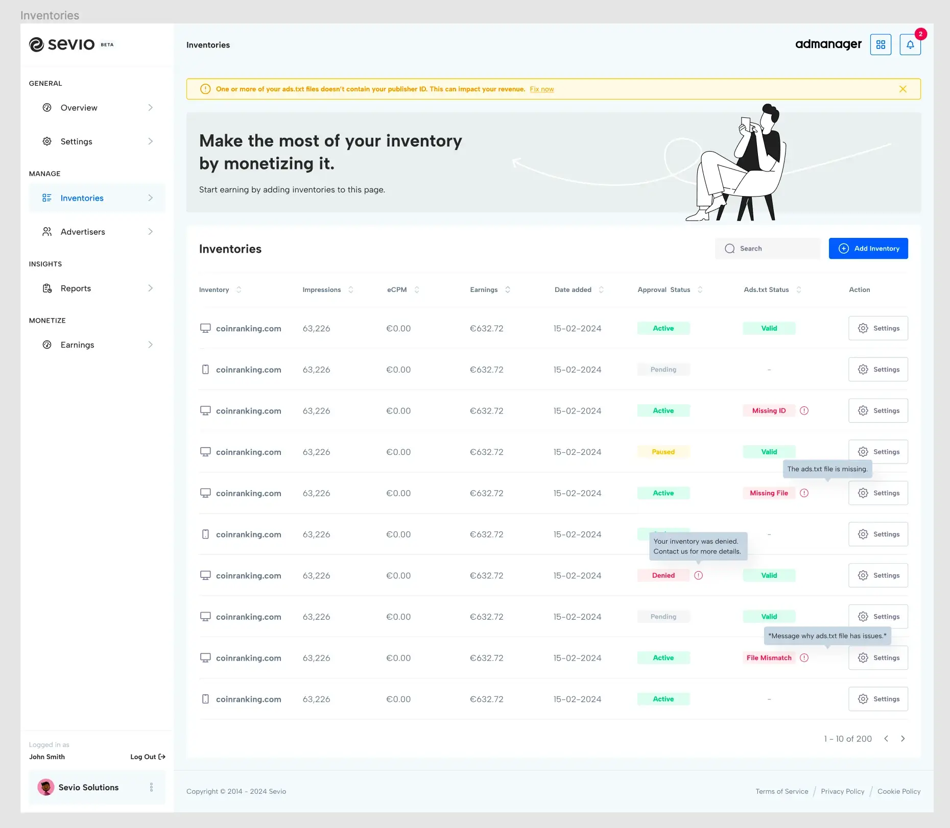 Sevio screenshot: Sevio Inventory Settings