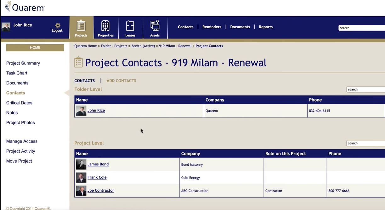 Quarem Vantage Software - Quarem project contracts