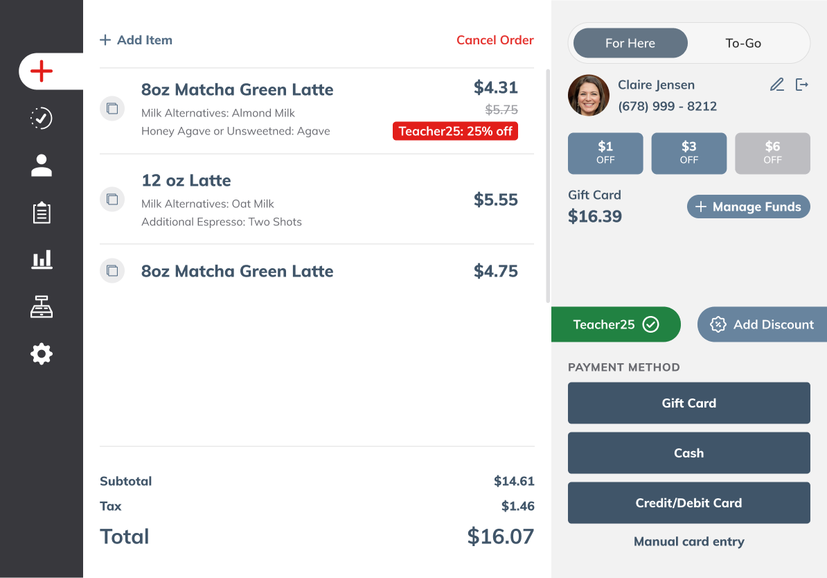 joe Point of Sale checkout screen with customer profile, rewards earned, gift card balance, discount applied.