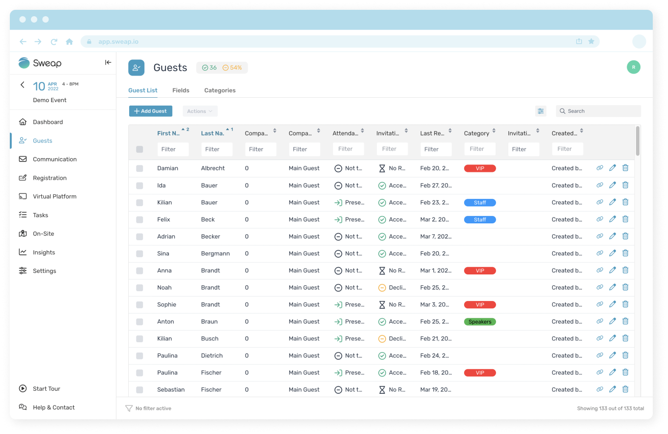 Sweap Software - Sweap guest list