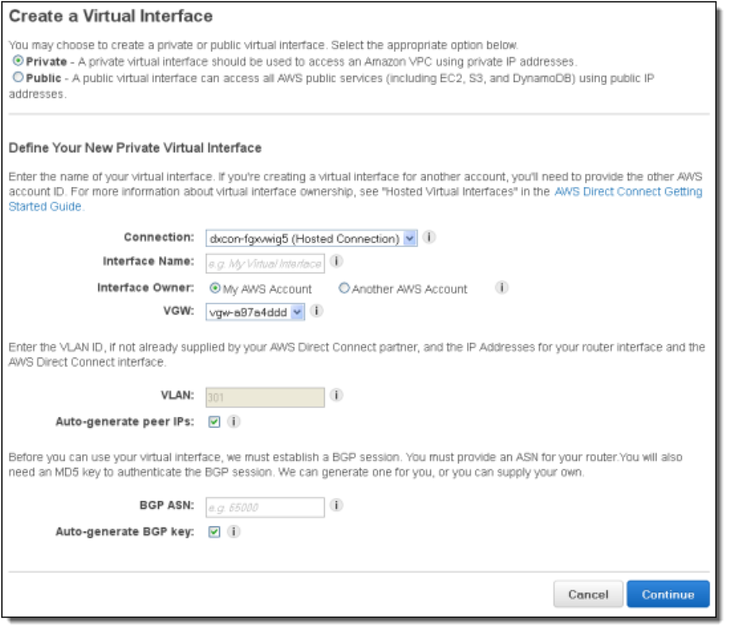 AWS Direct Connect Software - AWS Direct Connect create virtual interface