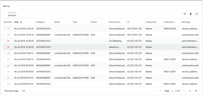 Entrust Identity as a Service Software - Entrust Identity as a Service audit log screenshot