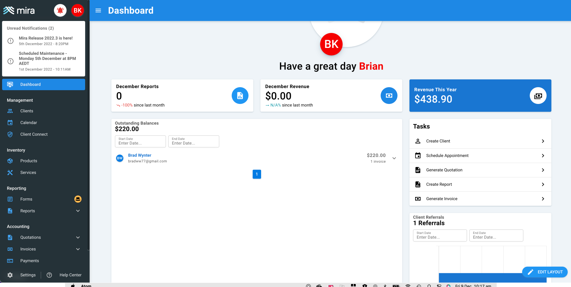 Mira screenshot: Dashboard for your business