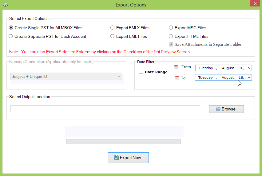 Select PST files, location, and click on convert now tab