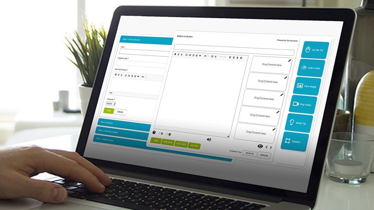 The Generator Software - The Generator Course Authoring Technology - Easy as 1-2-3! Drag-and-drop, upload pre-existing content, leverage content from over 450+ courses, create content from scratch.  Courses will run on any LMS including instant updates across LMSs