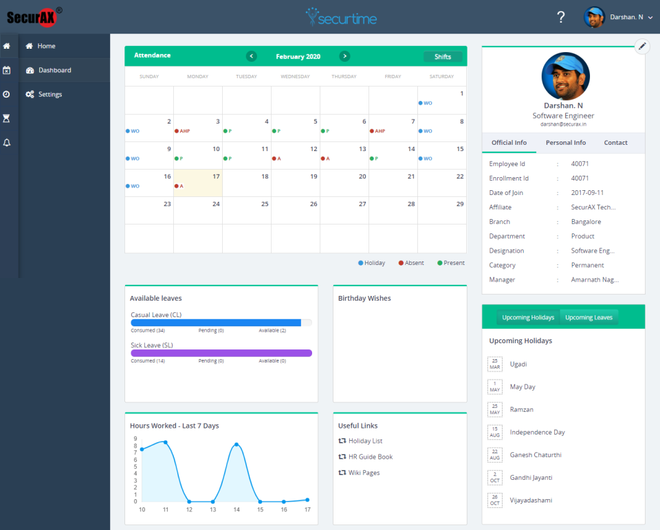 Securtime screenshot: SecurTime employee dashboard