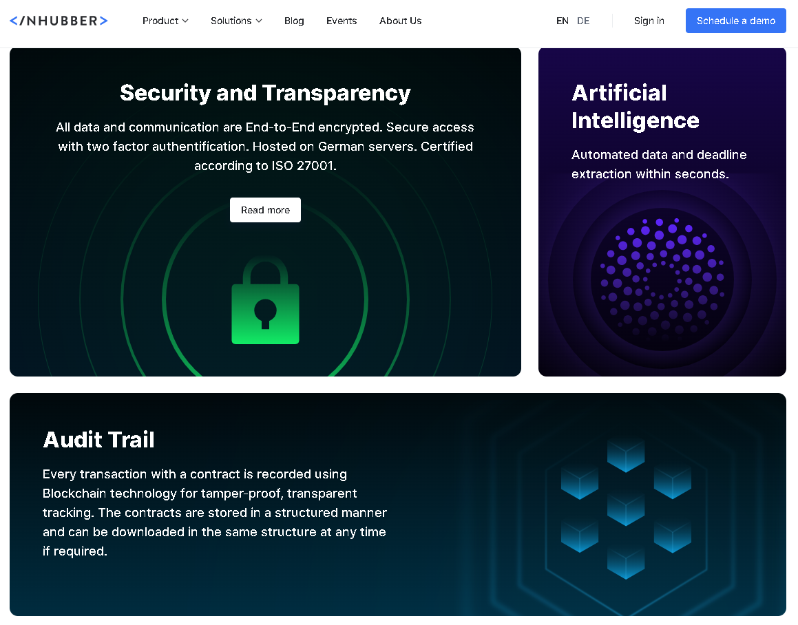 ? Security and Transparency:     ? All data and communication are End-to-End encrypted. Secure access with two factor authentification. Hosted on German servers.  ? Artificial Intelligence:     ? Automated data and deadline extraction within seconds.