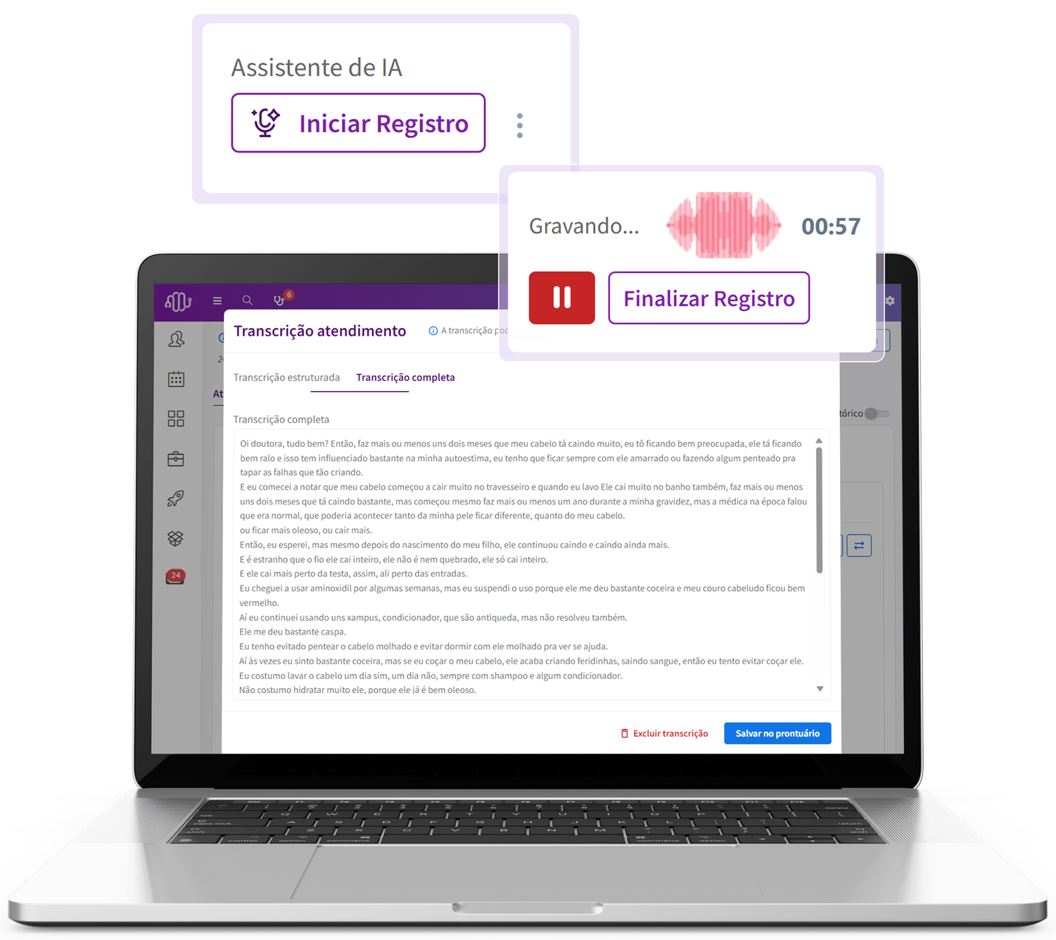 GestãoDS screenshot: GestãoDS AI consultation transcription in the medical record