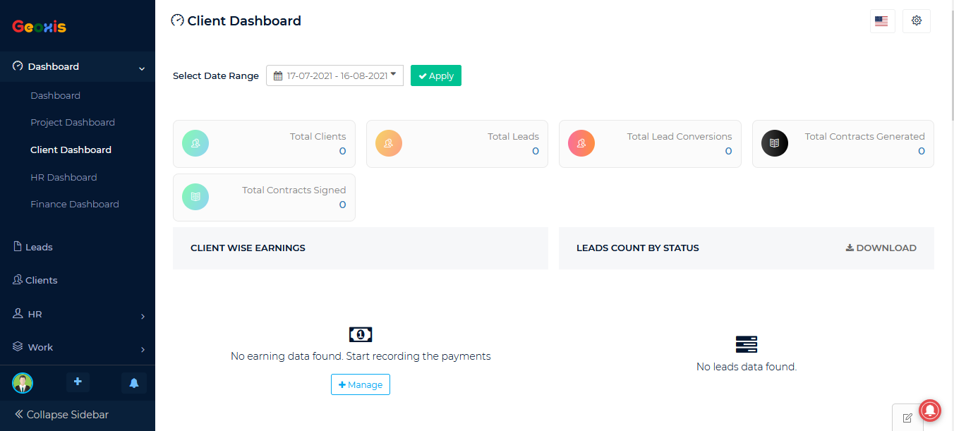 Geoxis One client dashboard