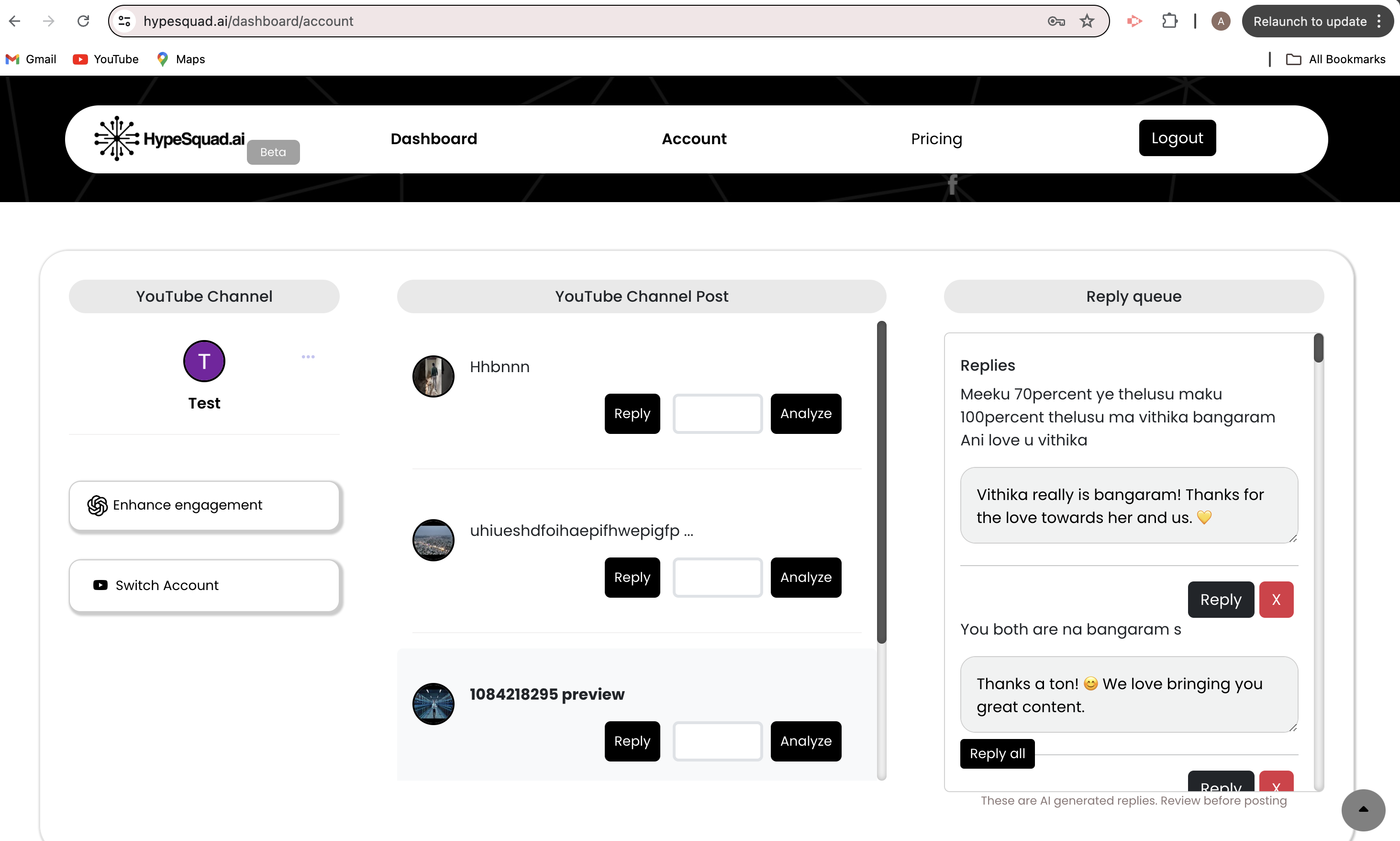 HypeSquad.ai screenshot: HypeSquad.ai helps brands manage YouTube comments with AI-generated replies and sentiment analysis, enhancing engagement and providing insightful metrics for strategic content alignment.