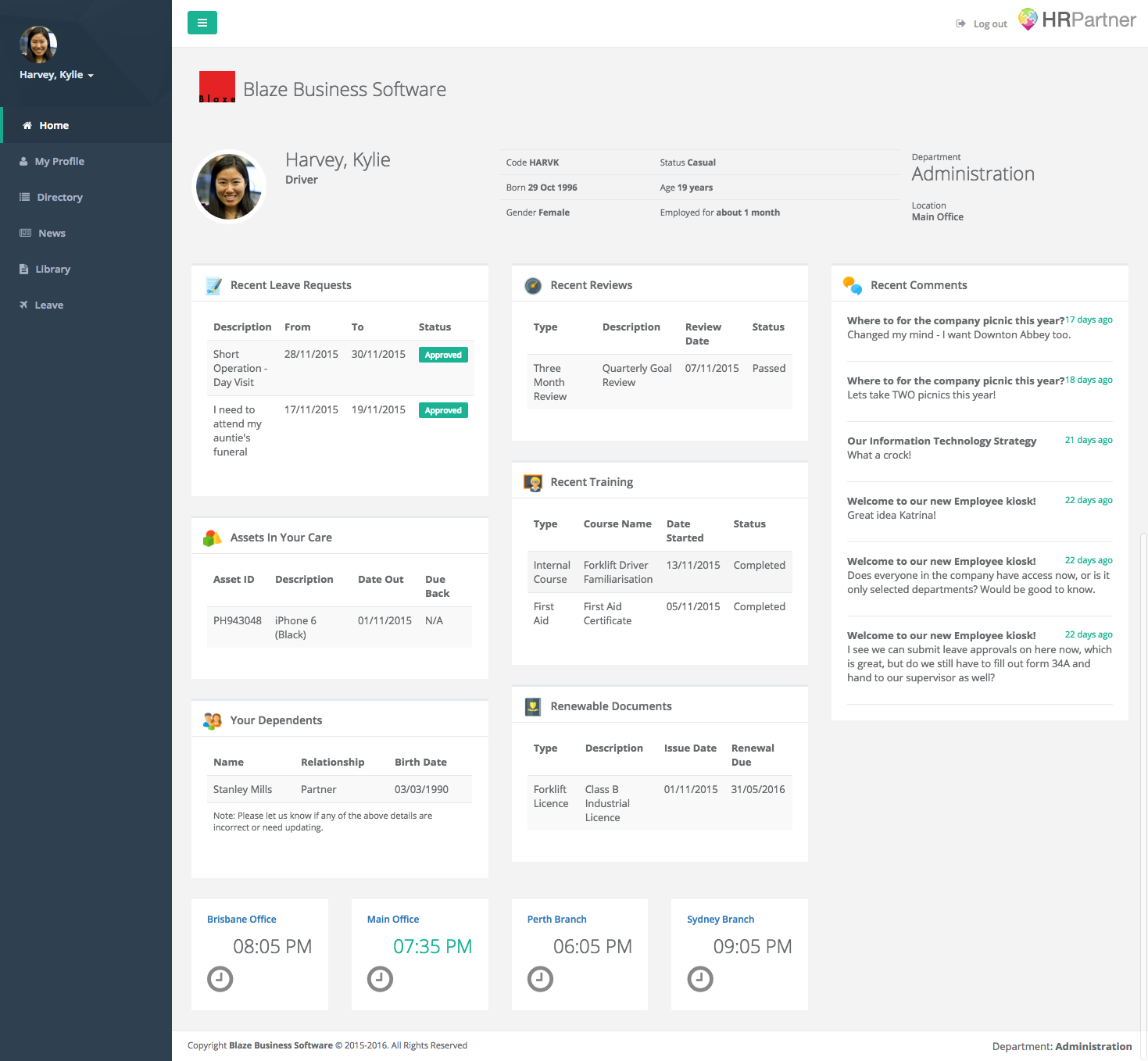 HR Partner Software - Employees can review leave requests, reviews, check comments and upload documents via the employee portal