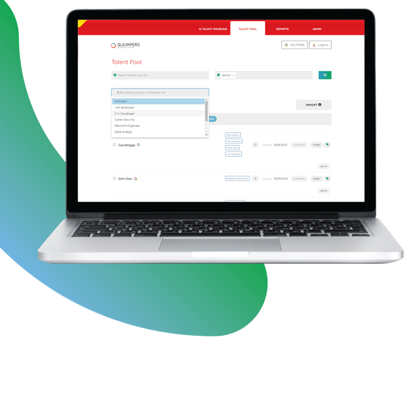 QJumpers Applicant Tracking screenshot: In-built talent pool for managing candidates for current and future jobs.
