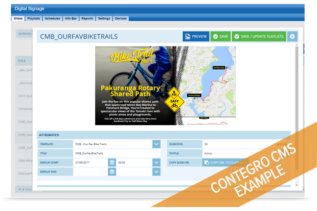 Users can manage slide content via the web portal interface and see instant updates as they type and edit slide content with dynamic preview
