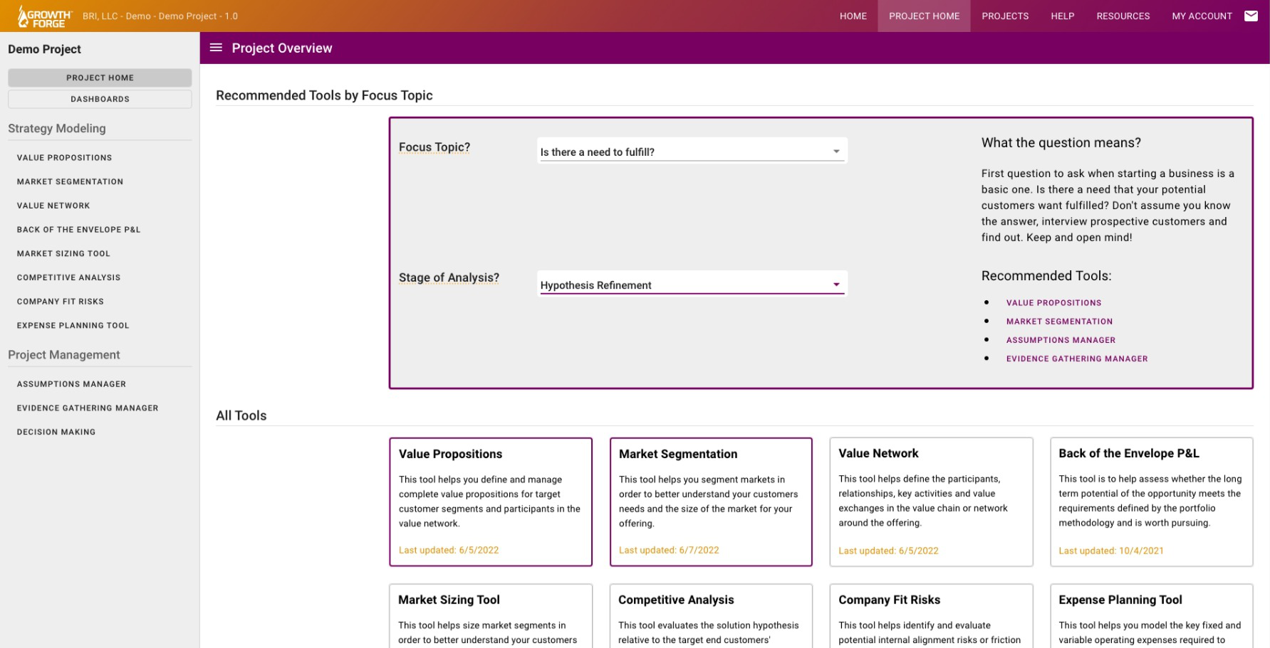 Growth Forge screenshot: Focus your activities based on the strategic topic or question that your trying to address and the maturity of your business along the lifecycle from concept to market traction.