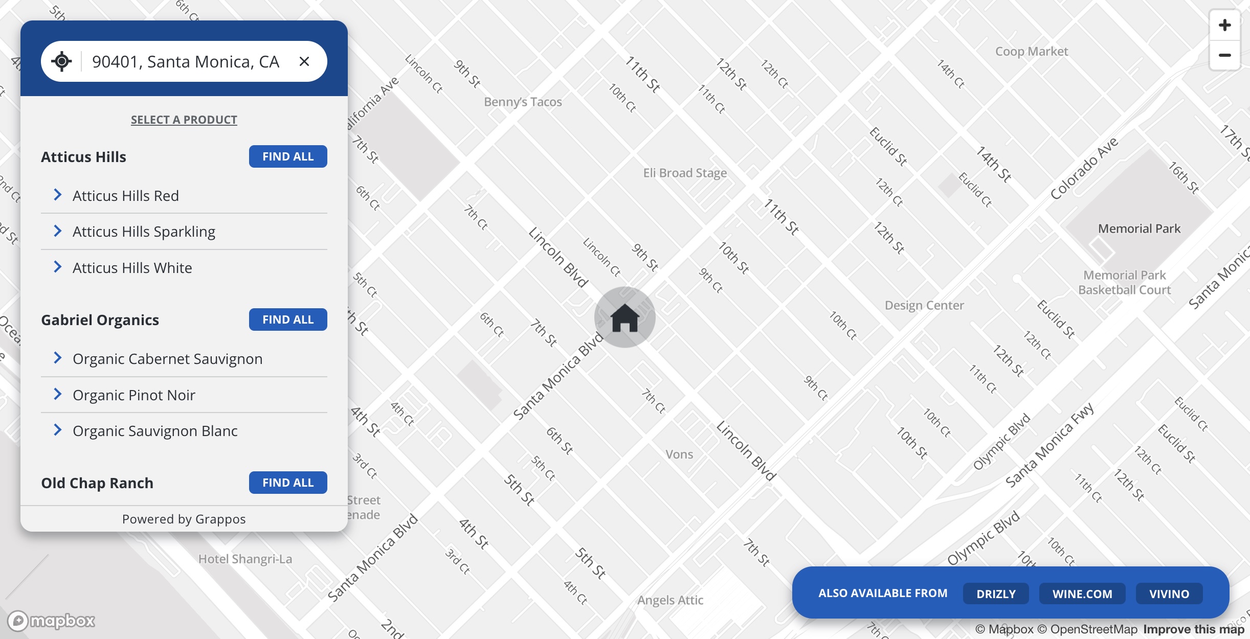 Grappos Store Locator screenshot: The Grappos locator works as a store locator or a product locator. Users can search by brand, product and location. The optional 'online retailers' feature enables linking to delivery services and online retailers.