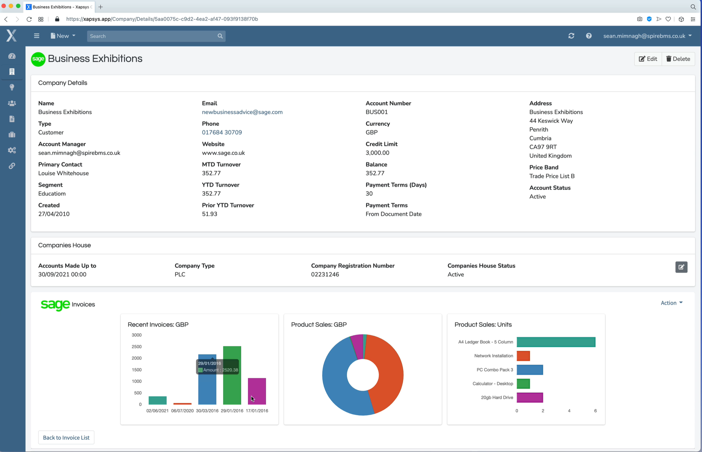 Xapsys screenshot: Live Business Intelligence