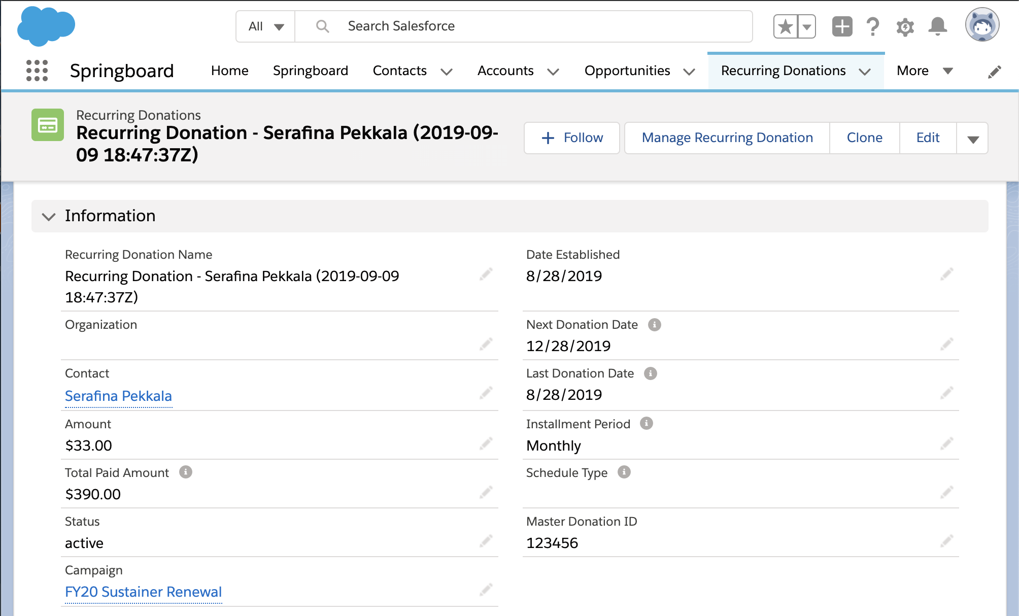 Springboard screenshot: Springboard recurring donations
