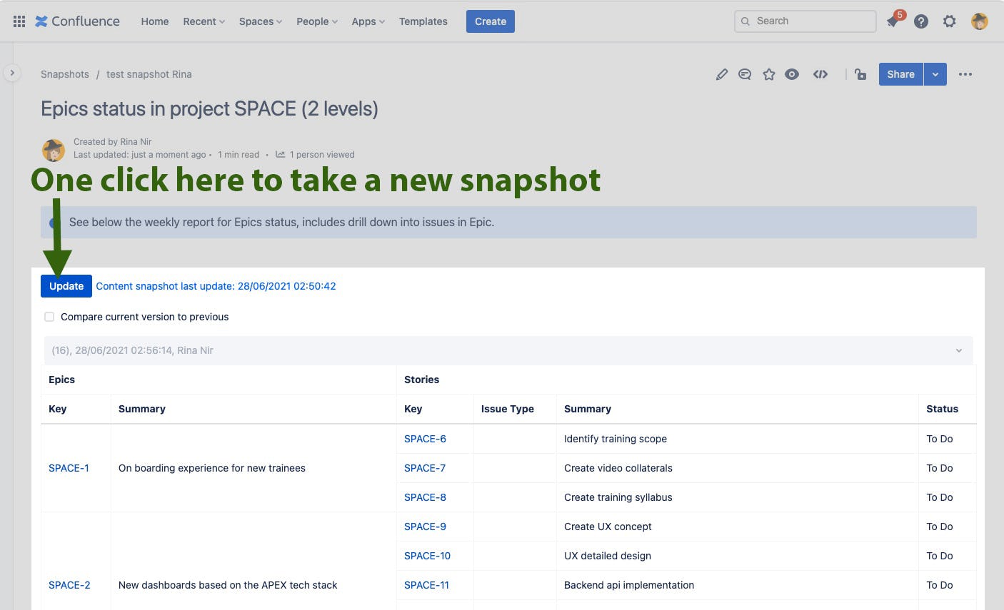 Jira Snapshots for Confluence Software - Product screenshot