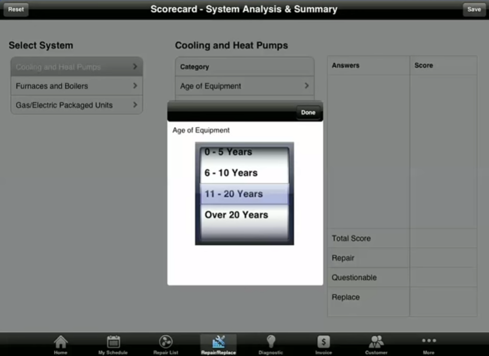 Technicians can use the scorecard tool for instant understanding if the customer should repair or replace.