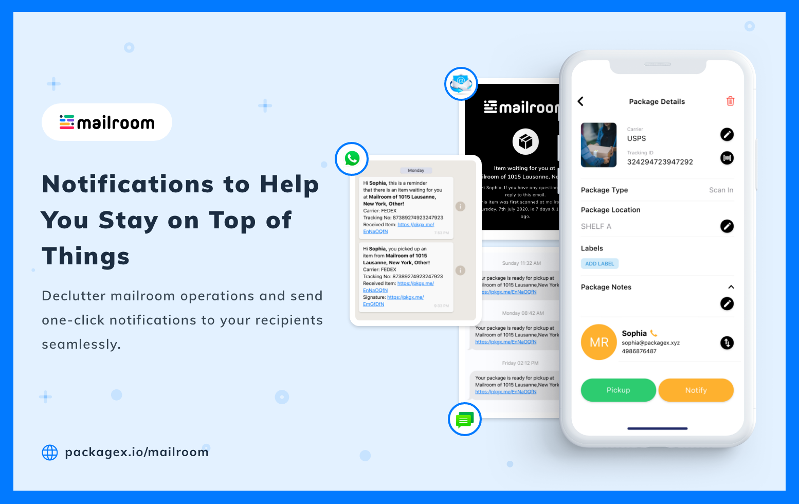Notify recipients in just a click via email, SMS, WhatsApp, and more.