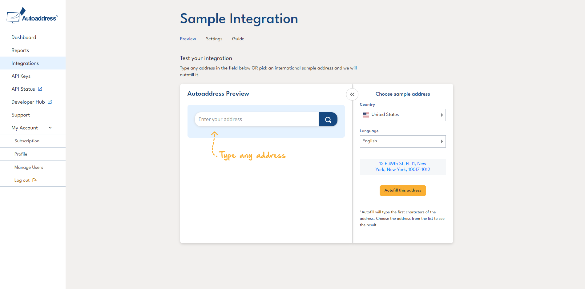 Sample integration to try any address and see Autoaddress in action.