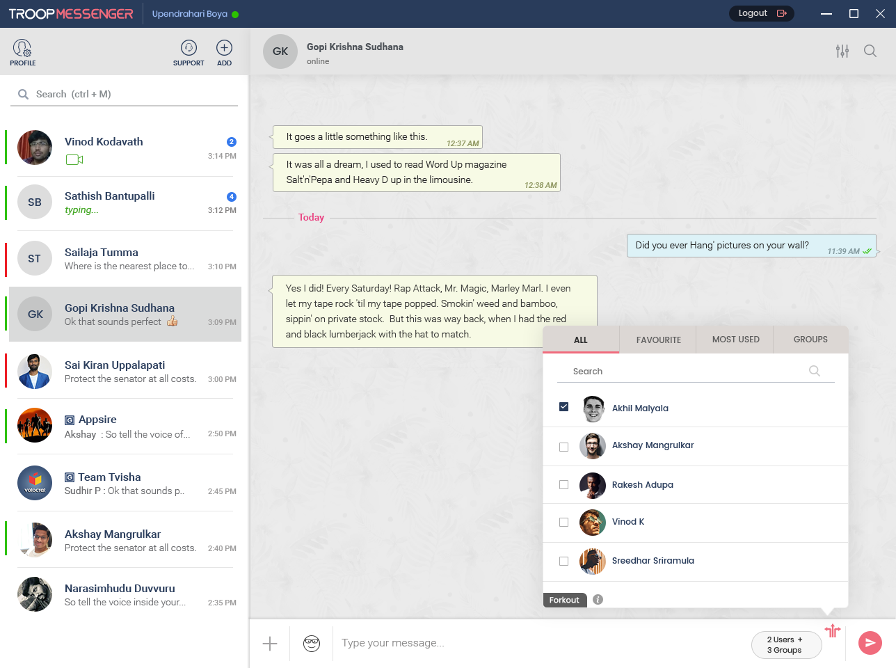 Troop Messenger screenshot: The forkout feature lets users search contacts and view conversation history