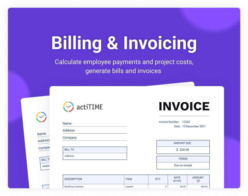 Set up task- and user-specific rates, track time across billable and non-billable activities to review project costs, run payroll calculations, generate bills and invoices
